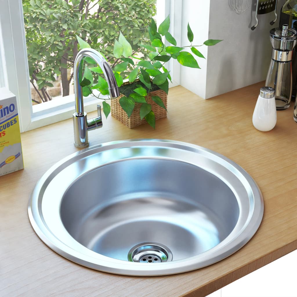 vidaXL Kitchen Sink Undermount Sink with Strainer Stainless Steel Sink Round